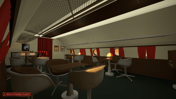 Video game screenshot of luxurious airplane interior