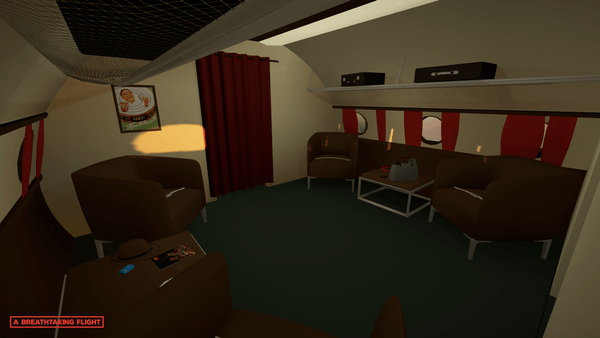 Video game screenshot of luxurious airplane interior