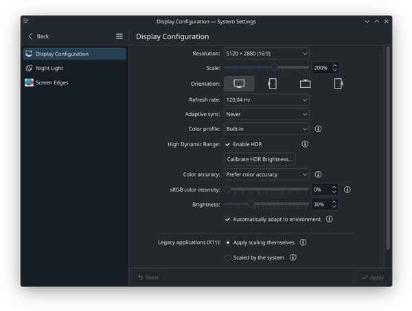 Screenshot of KDE Plasma display settings. The display is set to 5120x2880 pixels at 120Hz, HDR enabled.