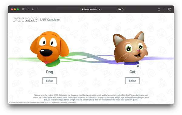 Website screenshot, Petman BARF-Calculator, recent