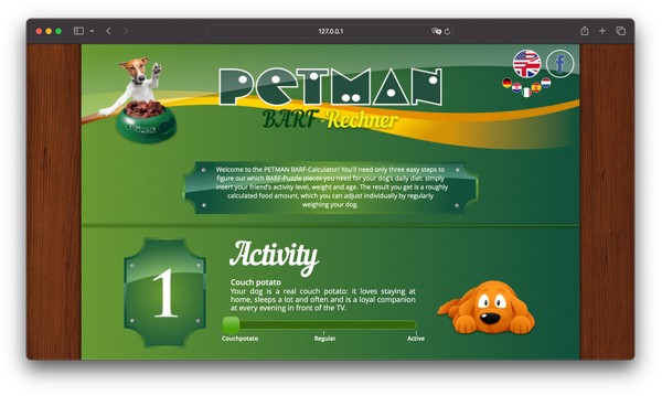 Website screenshot, Petman BARF-Calculator, wooden background