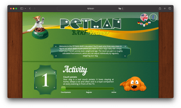 Website screenshot, Petman BARF-Calculator, wooden background