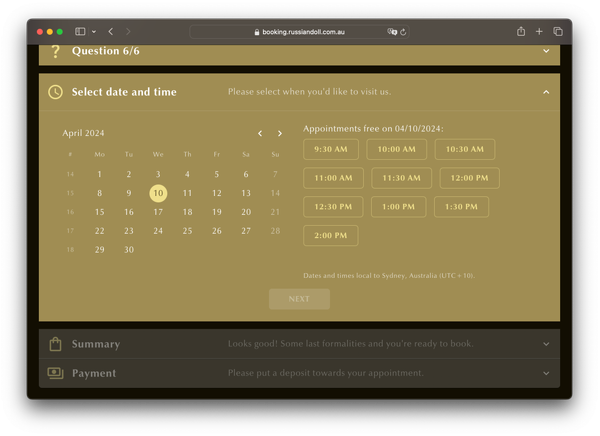 Website screenshot, customer is selecting a date and time for an appointment