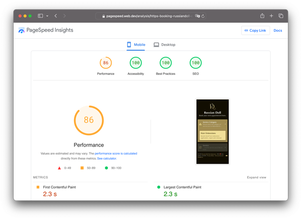 Website screenshot, Russian Doll Hair Extensions booking website's PageSpeed Insights overall score of 86.