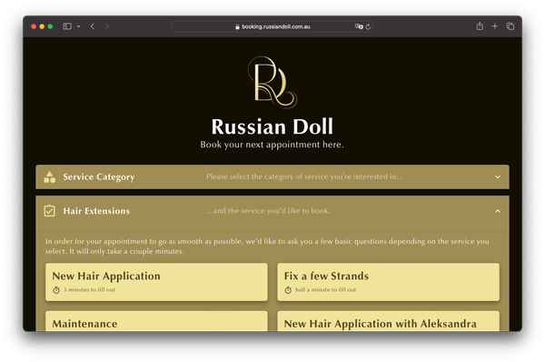 Website screenshot, Russian Doll Hair Extensions booking website