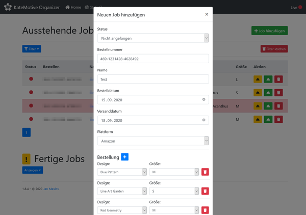 Website screenshot, an order is being added in KateMotive Organizer