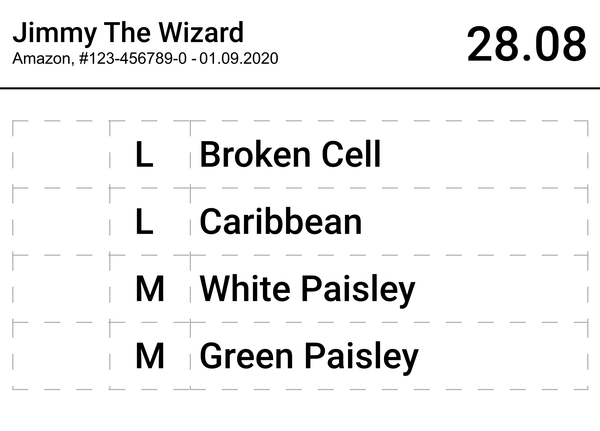 Screenshot of PDF document, layout for a card filled with example data with four face masks