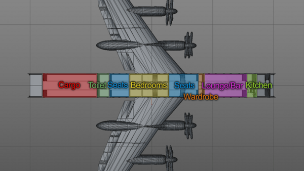 Floor plan of virtual TU-114 plane in 3D software