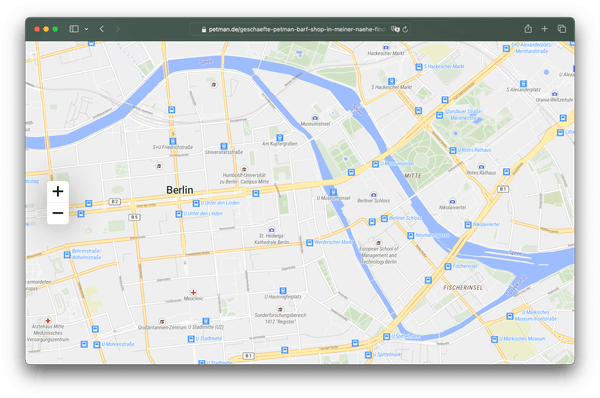 Website screenshot, detailed map view on Petman.de storelocator page