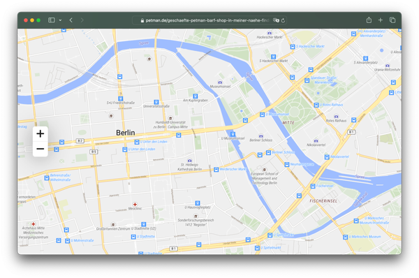 Website screenshot, detailed map view on Petman.de storelocator page