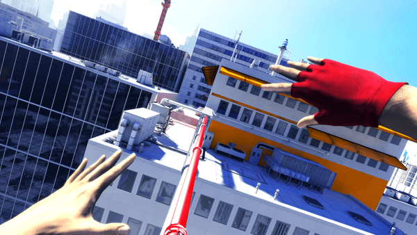 Mirror's Edge (2008) screenshot. First person view of player walking balancing on a pipe above drop.