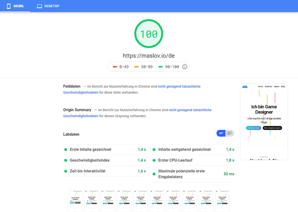 Google PageSpeed Insights score page for mobile devices with 100% score
