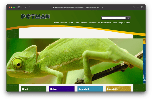 Website screenshot, old petman.de website in a desktop browser