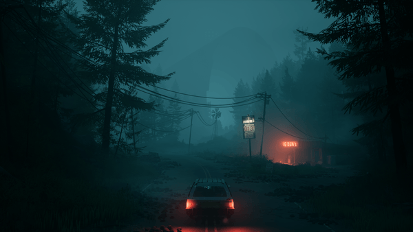Pacific Drive (2024) screenshot. Dark and foggy view of a road. Car is shown from behind. A gas station sign in the distance ominously illuminates the fog.
