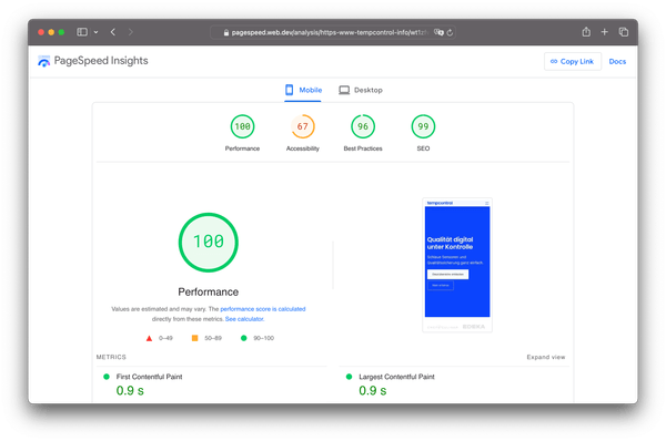 Website screenshot, tempcontrol's PageSpeed Insights overall score of 100