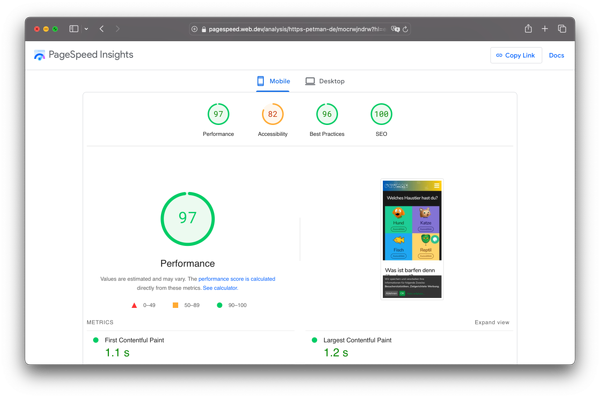 Website screenshot, Petman.de's PageSpeed Insights overall score of 97