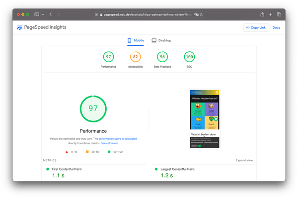 Website screenshot, Petman.de's PageSpeed Insights overall score of 97