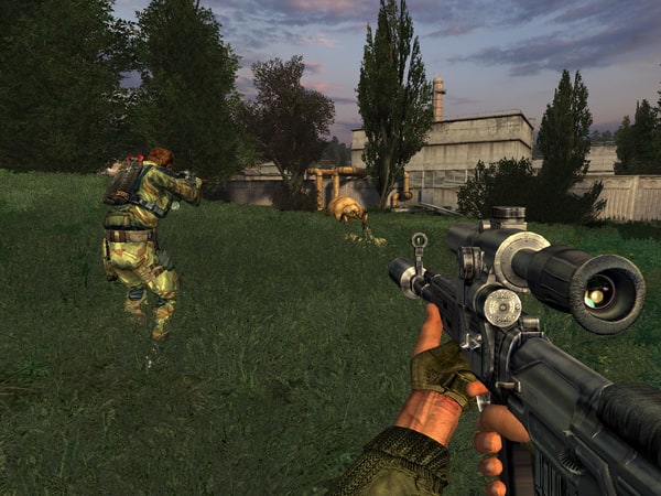 Stalker: Oblivion Lost video game screenshot, first person. Player and soldiers fighting mutant