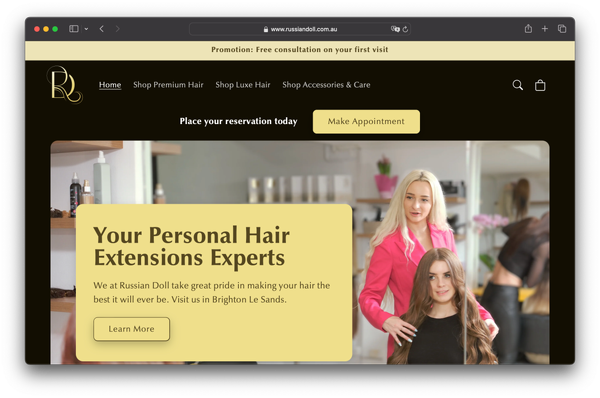 Website screenshot, Russian Doll Hair Extensions Shopify store