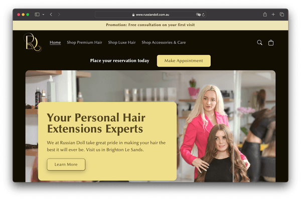 Website screenshot, Russian Doll Hair Extensions Shopify store