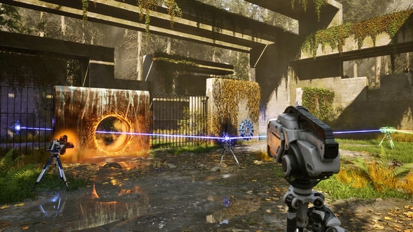 The Talos Principle 2 (2023) screenshot. Player is solving a puzzle using lasers and portals. Sunlit delapidated concrete structures in the background.