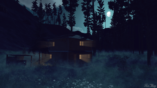 Video game screenshot of wooden hut in the forest, lit by moonlight, atmospheric