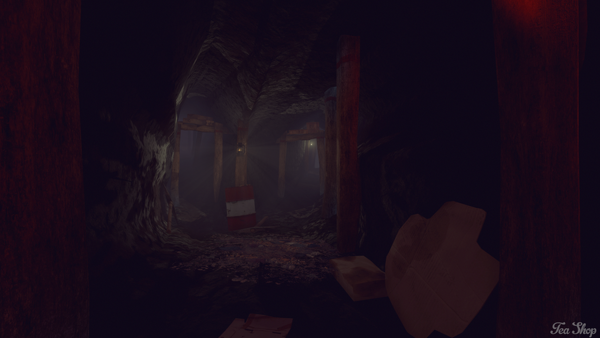 Video game screenshot of dark creepy mine tunnel with wooden reinforcements, atmospheric