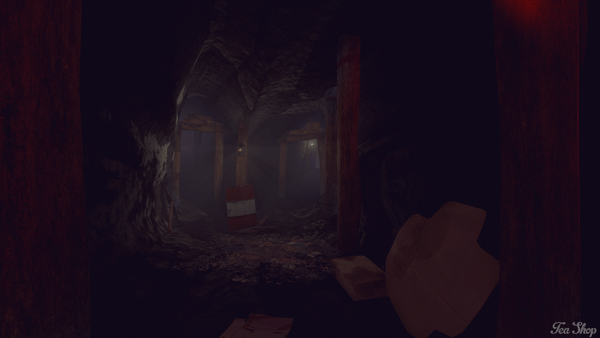 Video game screenshot of dark creepy mine tunnel with wooden reinforcements, atmospheric