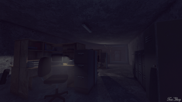 Video game screenshot of dark creepy office, old electronics, atmospheric