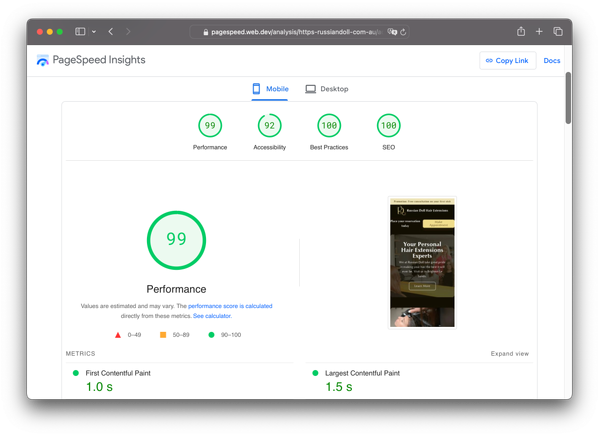 Website screenshot, Russian Doll Hair Extensions landing website's PageSpeed Insights overall score of 99