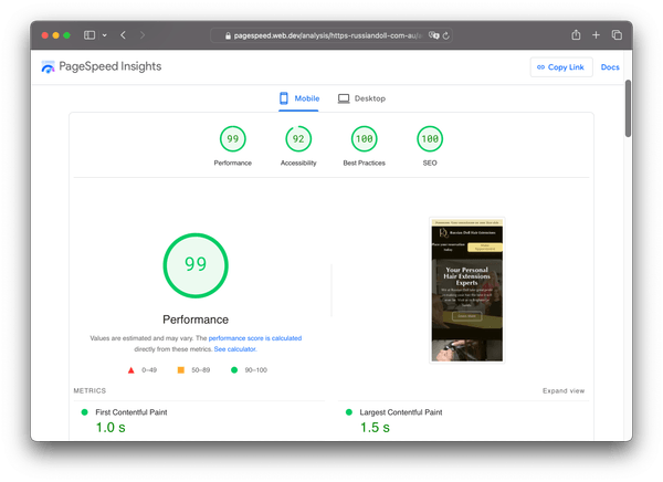 Website screenshot, Russian Doll Hair Extensions landing website's PageSpeed Insights overall score of 99