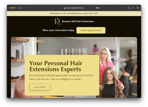 Website screenshot, Russian Doll Hair Extensions landing website